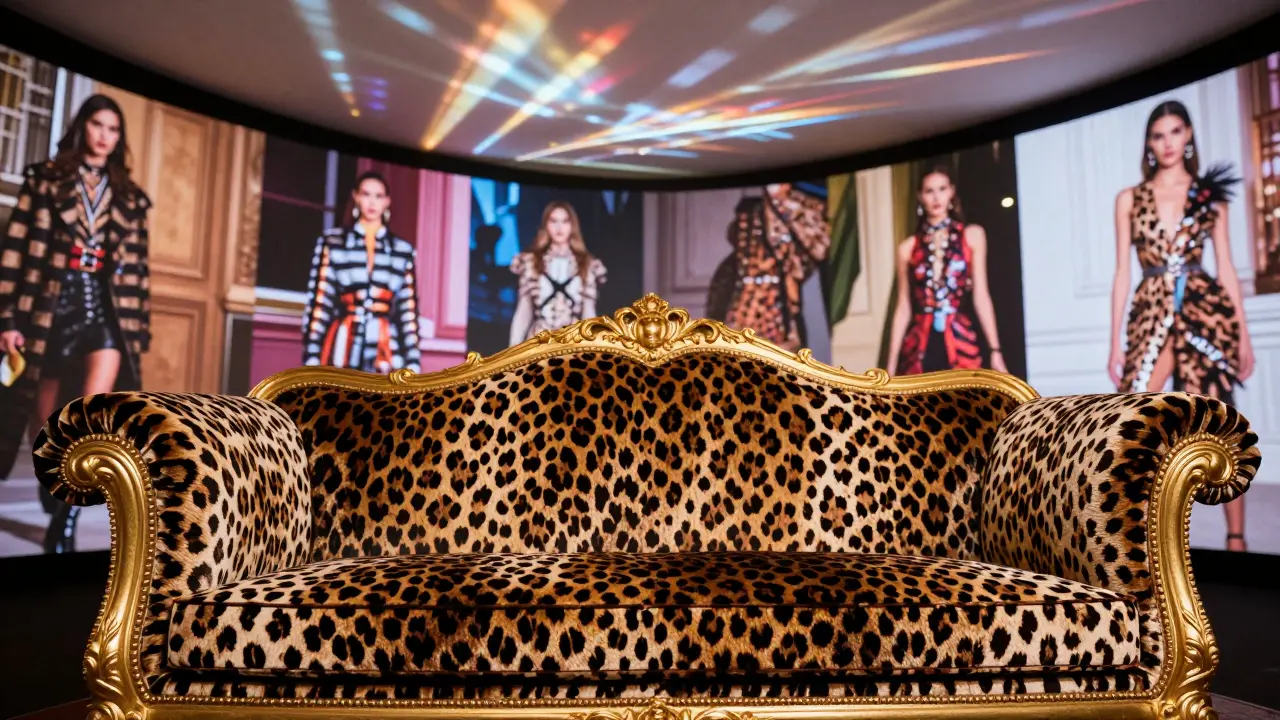Close-up of leopard-print sofa with gold detailing and light projections at Cavalli Club.