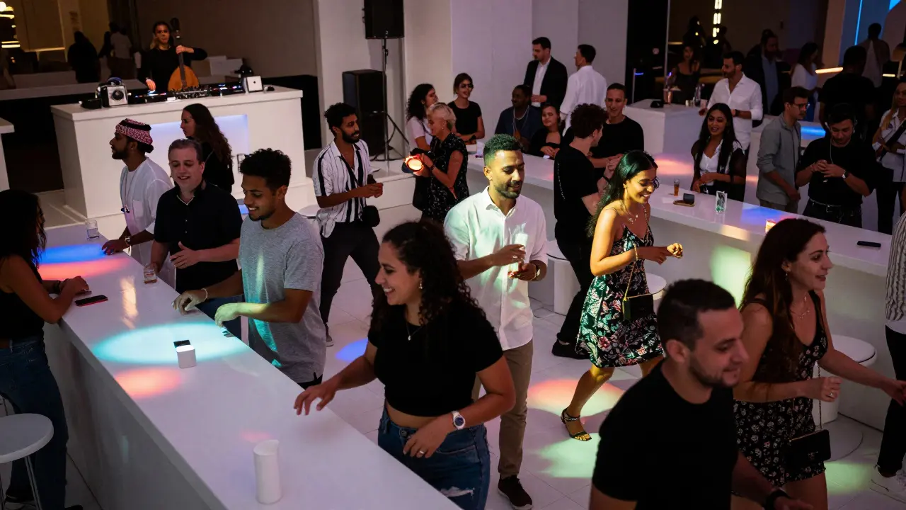 Diverse crowd dancing on White Dubai's white dance floor under shifting colored lights with a DJ mixing Arabic rhythms.