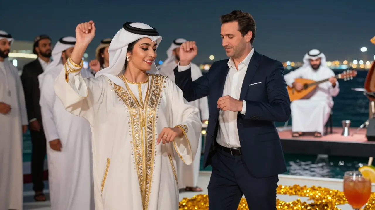 Diverse crowd dancing together at White Dubai as a live oud player blends Arabic music with electronic beats.