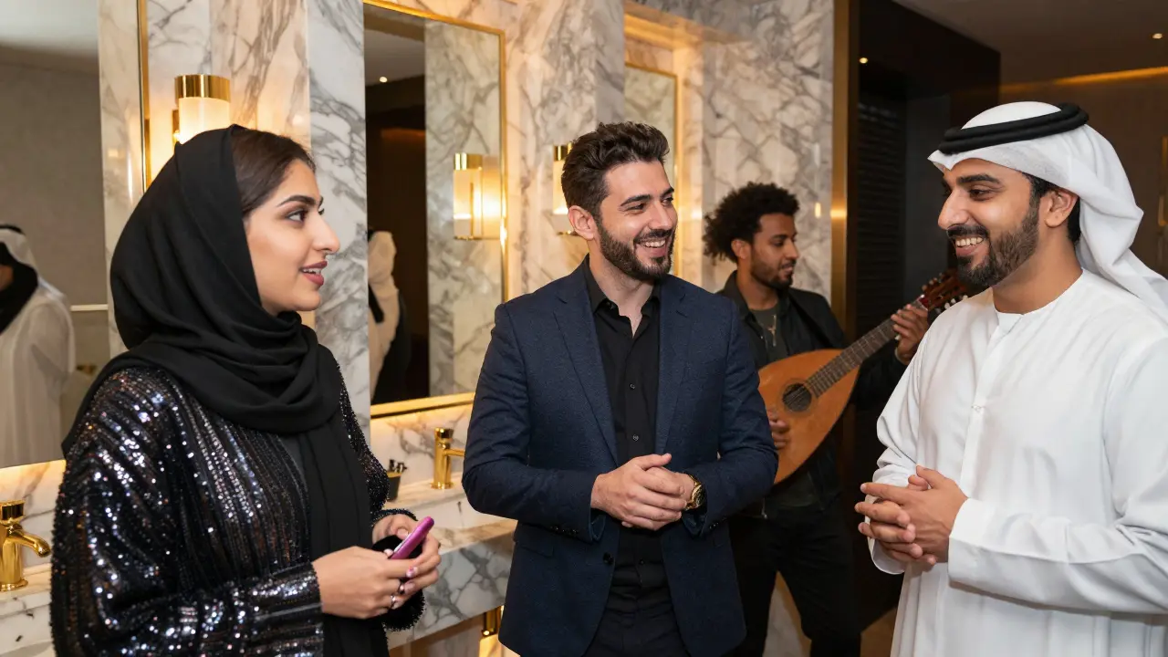 Diverse group of elegantly dressed guests enjoying the sophisticated ambiance of BASE Dubai nightclub.