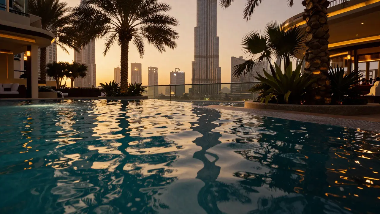 Glass-bottom pool showing cityscape from rooftop lounge
