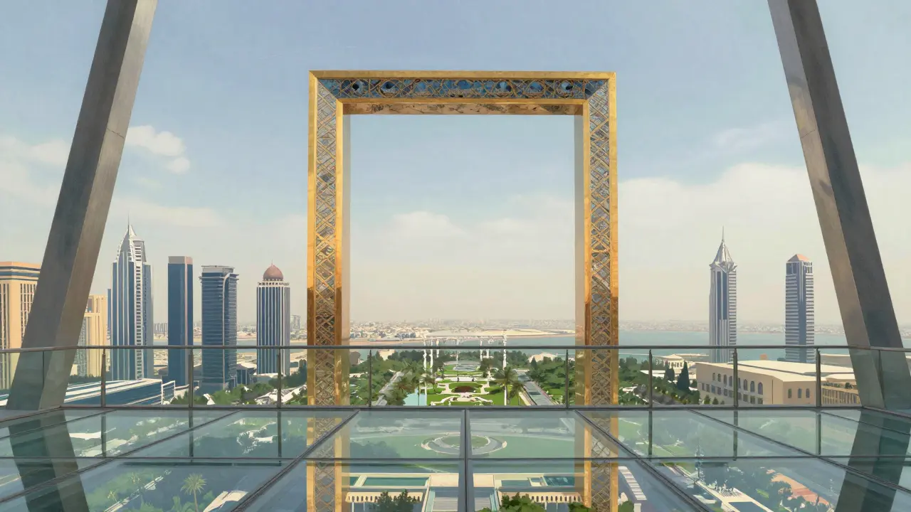 Glass walkway inside Dubai Frame showing park below and city views.