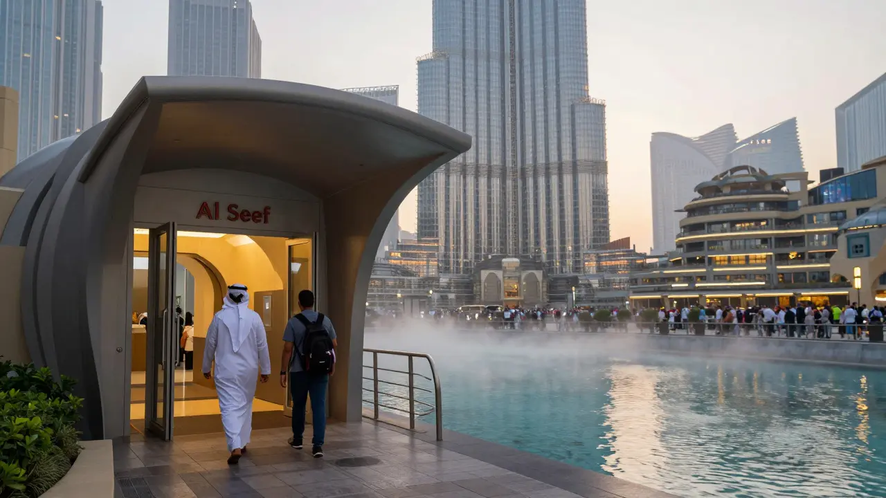 Hidden Al Seef entrance to Dubai Mall at dawn, few people entering while main entrance is crowded in blur.