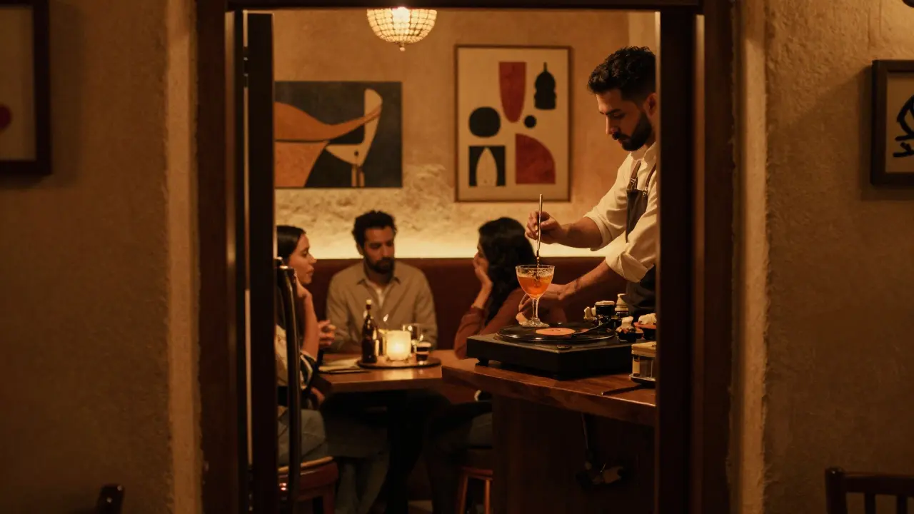 Hidden speakeasy behind a fridge door, bartender mixing cocktails in warm, intimate lighting.