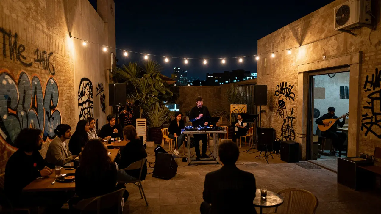 Local musicians and artists gathered at The Attic in Alserkal Avenue, vinyl spinning under string lights.