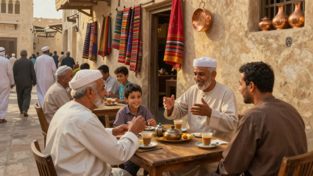 Locals and visitors share chai in Al Fahidi's historic neighborhood, children playing nearby.