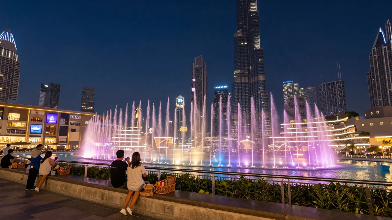 Nighttime view of Dubai Fountain show with couples on terrace, Burj Khalifa lit up in distance, and mall facade pulsing with colored lights.
