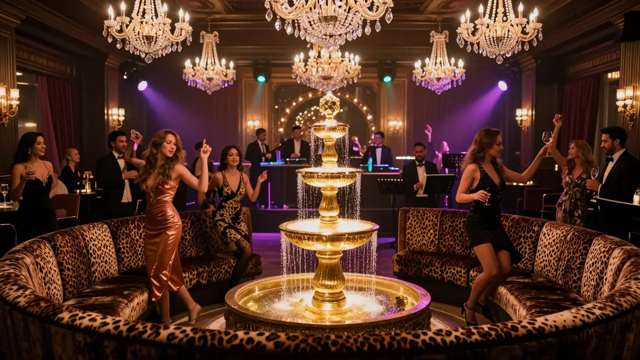 Opulent nightclub interior with leopard-print booths, crystal chandeliers, and a cascading champagne fountain under synchronized lighting.