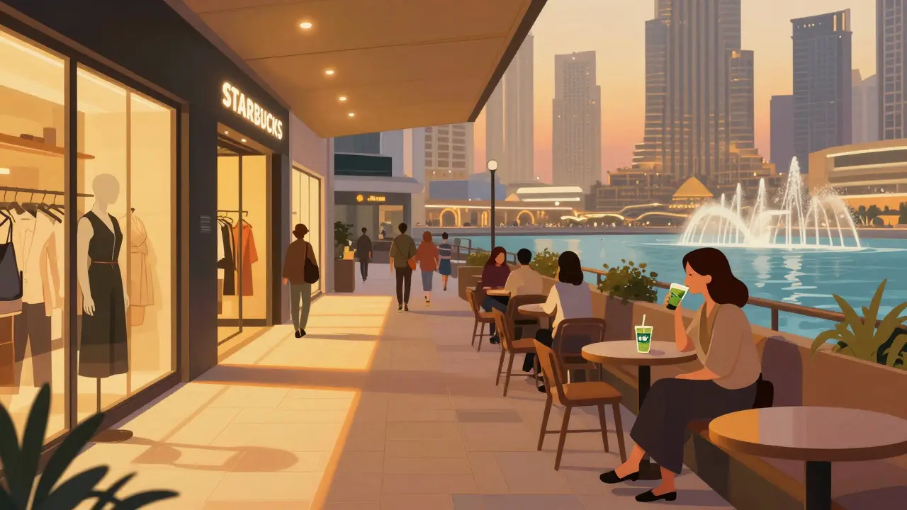 Quiet evening in Dubai Mall with lone person at Starbucks, soft lighting, fountain fading in background.