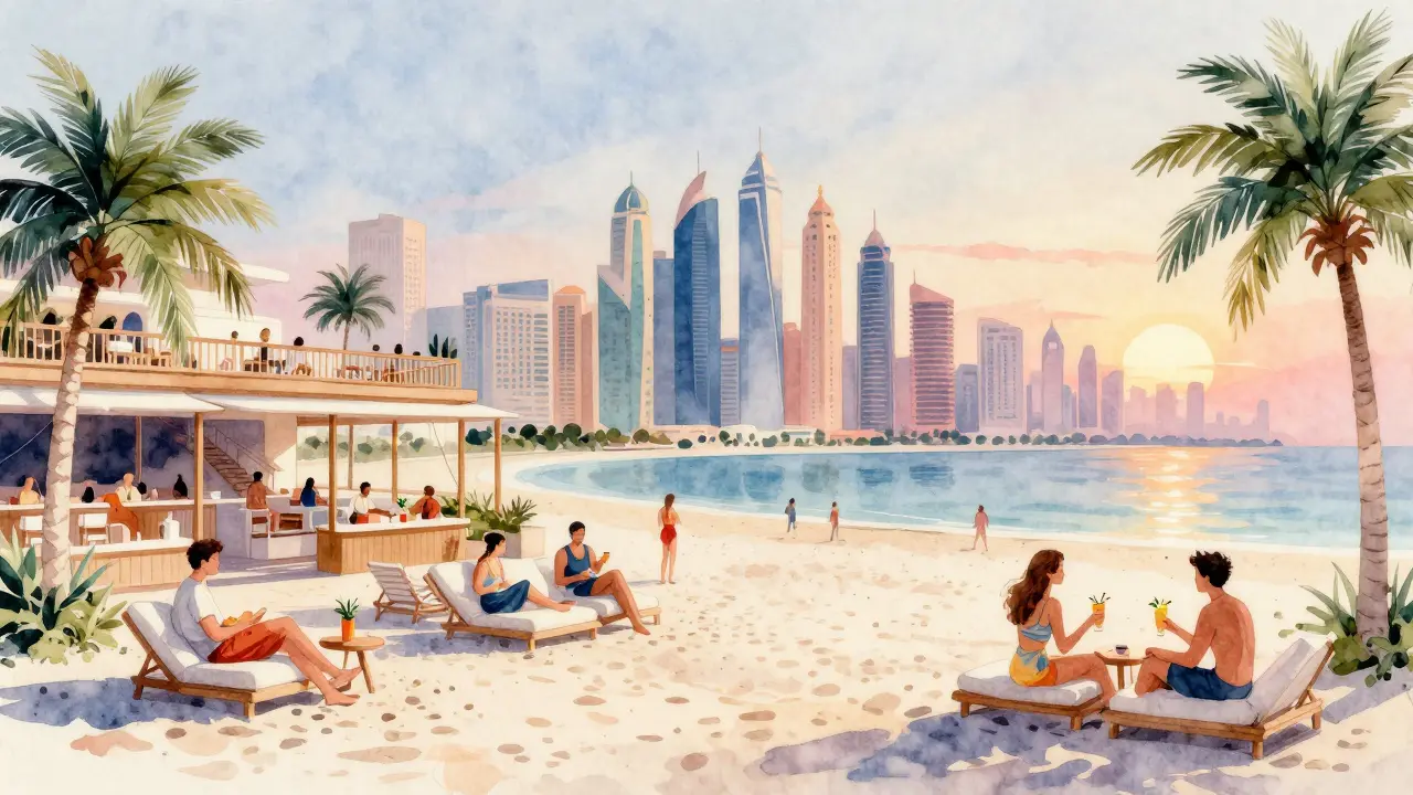 Rooftop beach club with white sand and Dubai Marina sunset view