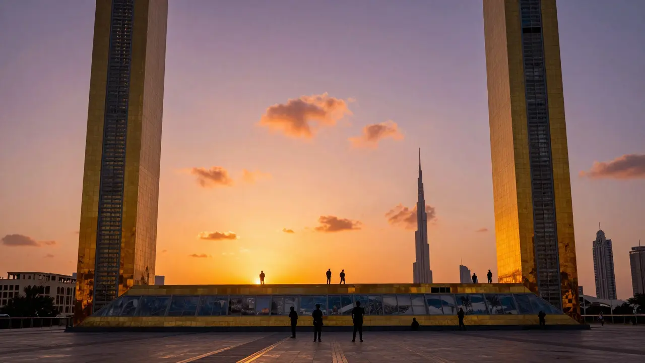 Sunset view from Dubai Frame's observation deck with historic and modern Dubai.