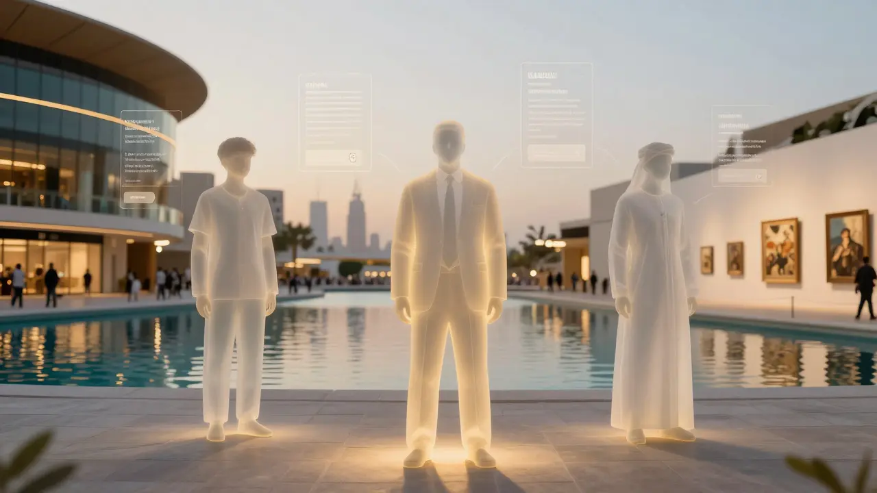 Three individuals in Dubai’s public spaces are softly lit, with faint legal and digital shadows surrounding them.