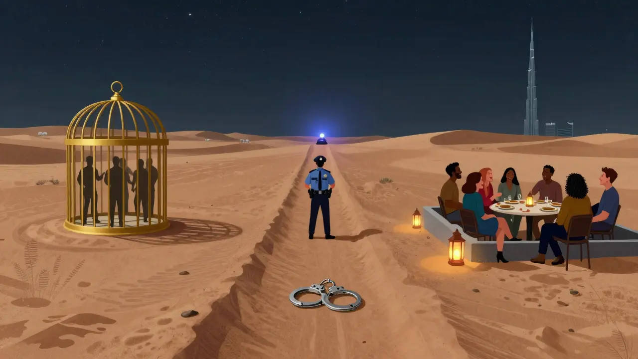 Three symbolic paths in the desert: one to danger, one to arrest, one to connection under stars.