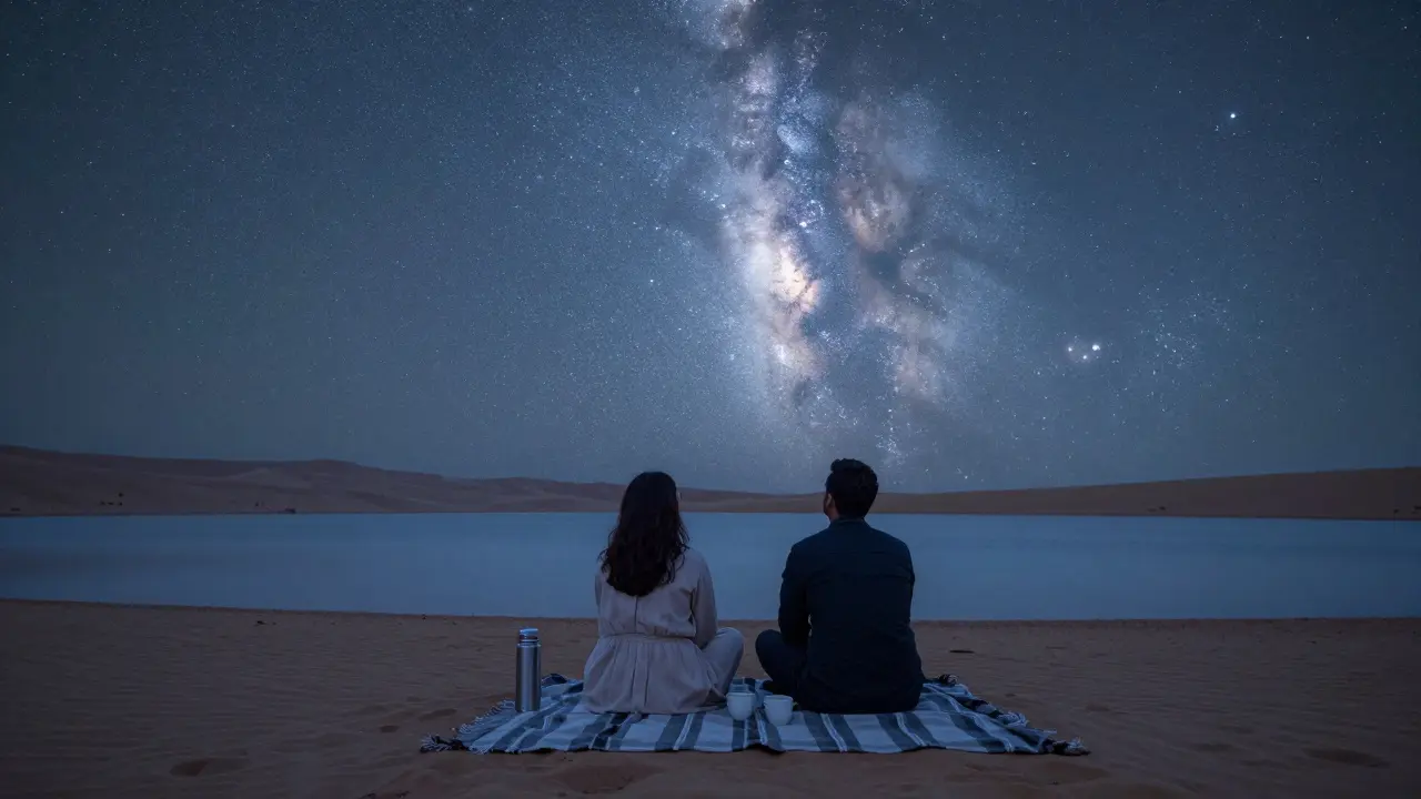Two people sit under the stars at Al Qudra Lakes, sharing silence and a thermos of tea.