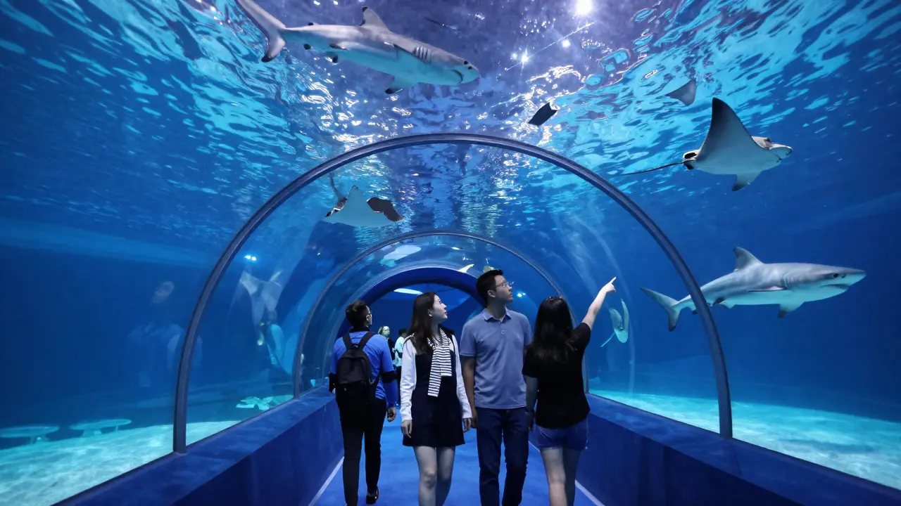 Visitors walking through a transparent underwater tunnel surrounded by sharks, stingrays, and marine life in Dubai Aquarium.