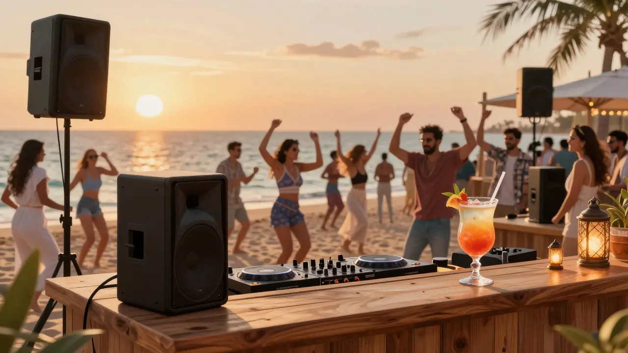 A beachside DJ booth at sunset with guests dancing, cocktails, and lanterns beside the Arabian Gulf.