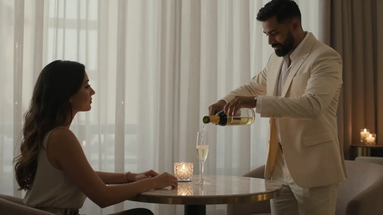 A companion pouring champagne for a couple in a luxury hotel lounge, soft candlelight and elegant decor.