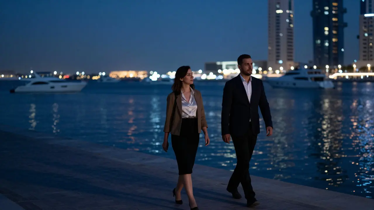 A couple walking silently along Dubai Water Canal at night, lights reflecting on water, no public affection.