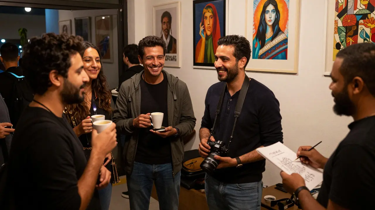 A diverse group of expats and locals enjoy an evening event at an art gallery, sharing laughter and conversation over coffee and art.
