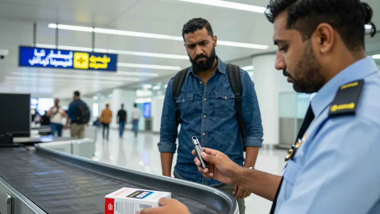 A Dubai customs officer holds a seized vape pen next to nicotine patches, with a worried traveler and airport signage in the background.