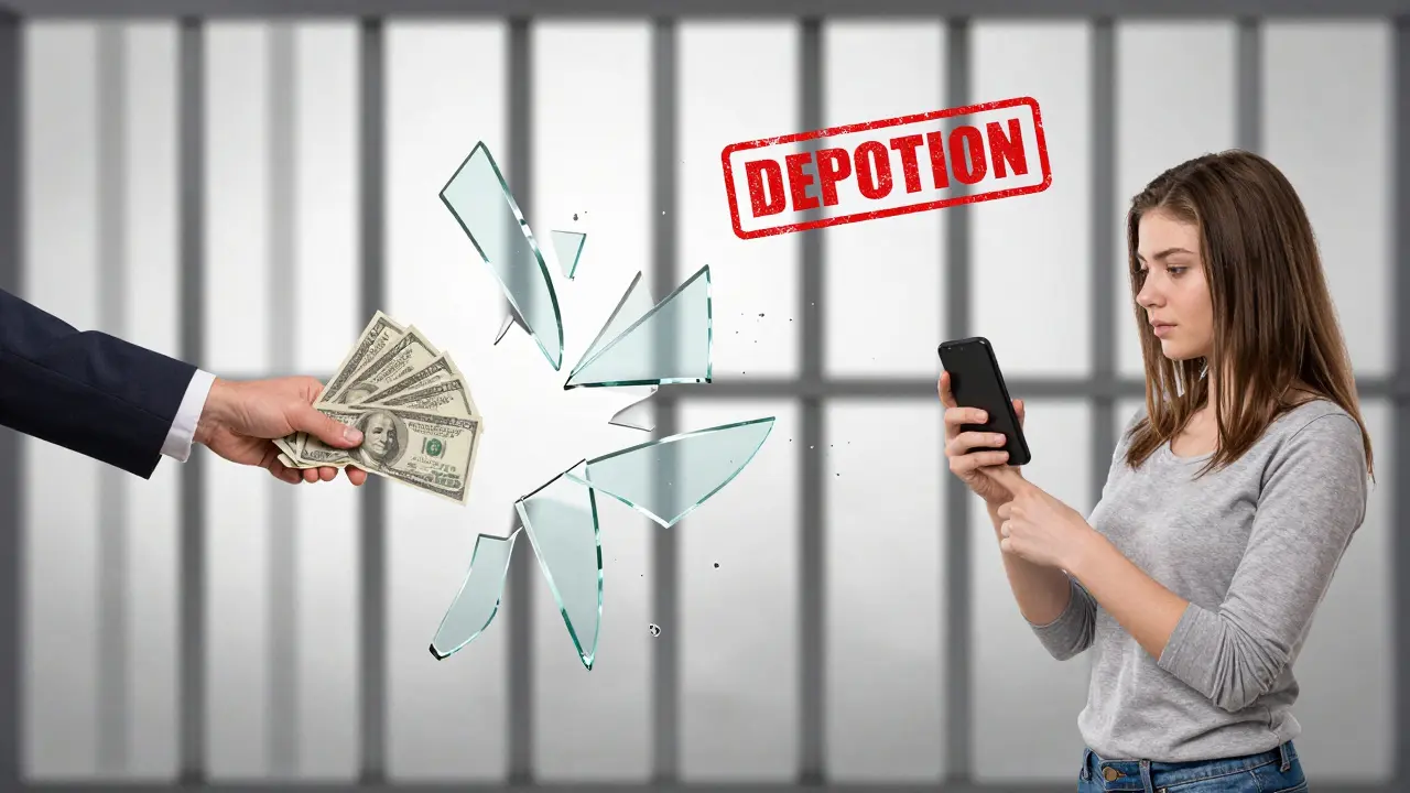 A fragile glass chain breaks between a man holding money and a woman losing her passport and phone, with prison bars and deportation stamps in the shadows.