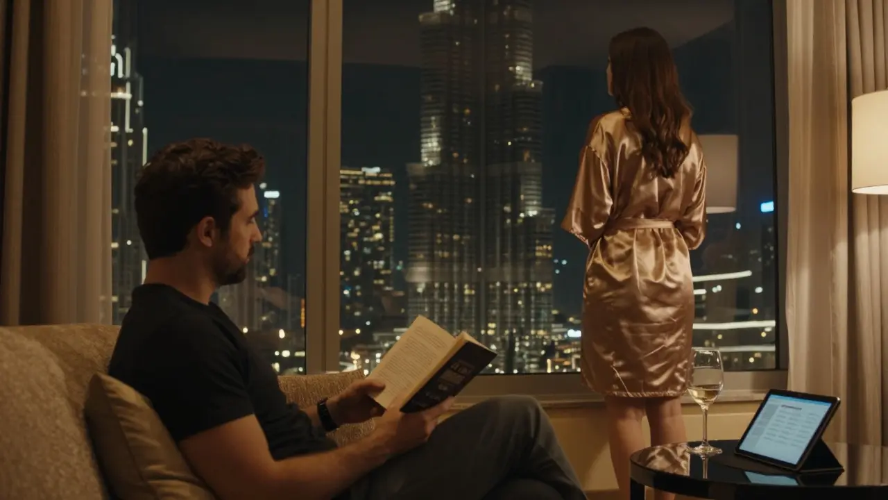 A man reading on a hotel couch while a woman looks out the window at Dubai’s skyline, subtle companionship.