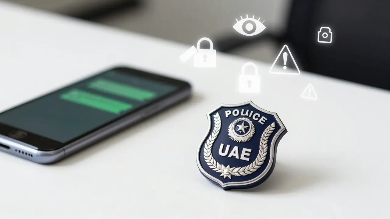 A police badge beside a seized smartphone with digital surveillance icons hovering above, symbolizing cybercrime detection.