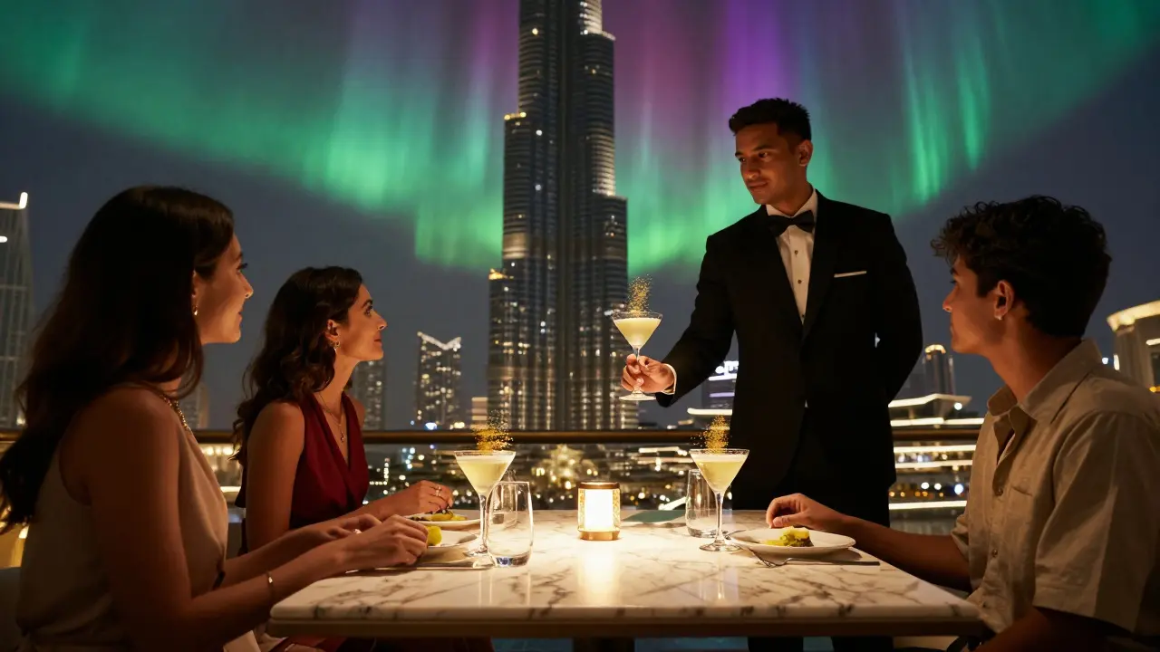 A private table at Billionaire Dubai with a butler serving a golden cocktail as the Burj Khalifa shines in the distance.