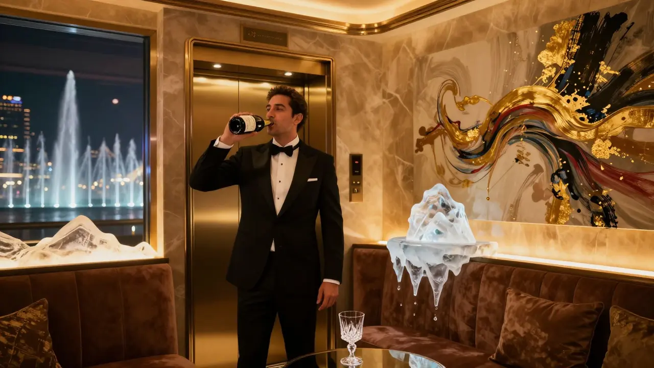 A private VIP booth inside a high-end Dubai nightclub, featuring a caviar service, live art, and a melting ice sculpture.