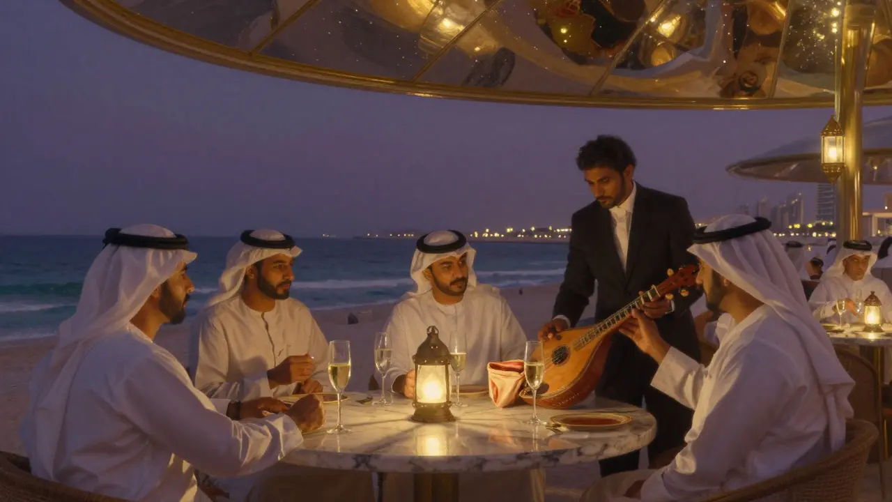 A quiet Wednesday night scene at an exclusive Dubai club, with elites enjoying champagne and a gifted oud instrument under soft lighting.