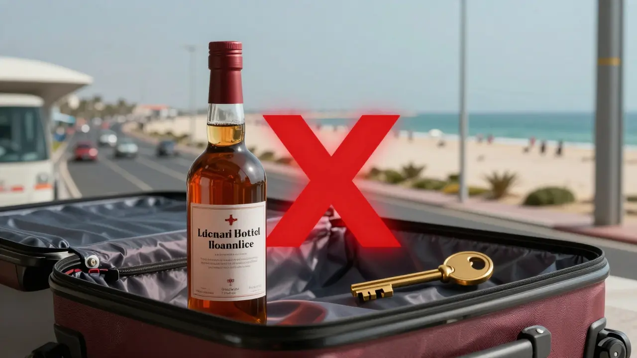 A sealed alcohol bottle in a suitcase with a red X over a public street, while a golden key points to a hotel.