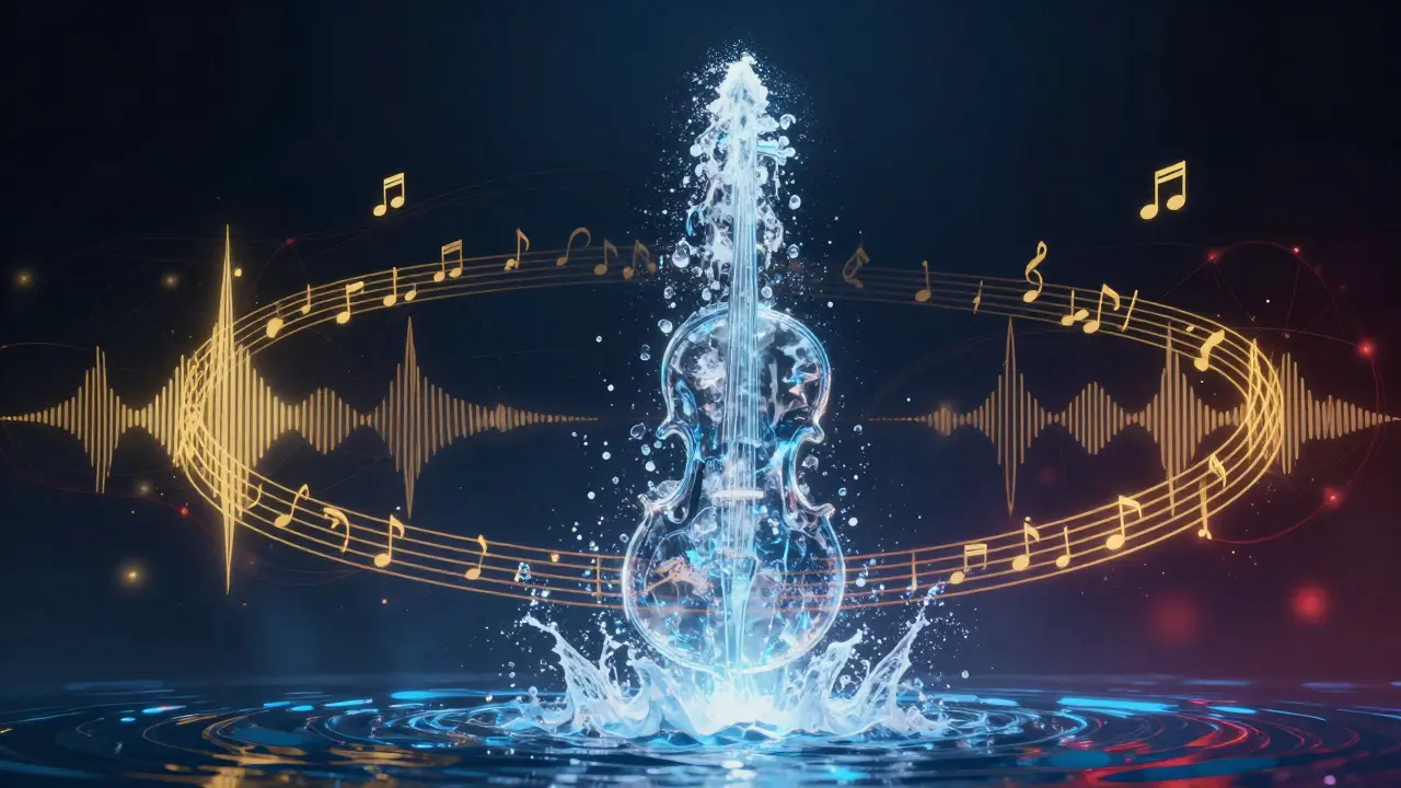 A water jet shaped like a violin, blending musical notes into droplets, glowing with cultural and technological symbolism.