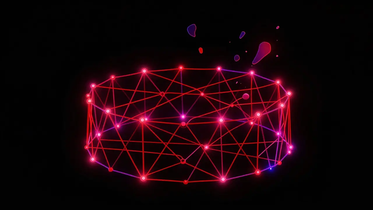 Abstract red wire trap symbolizing online scam dangers.