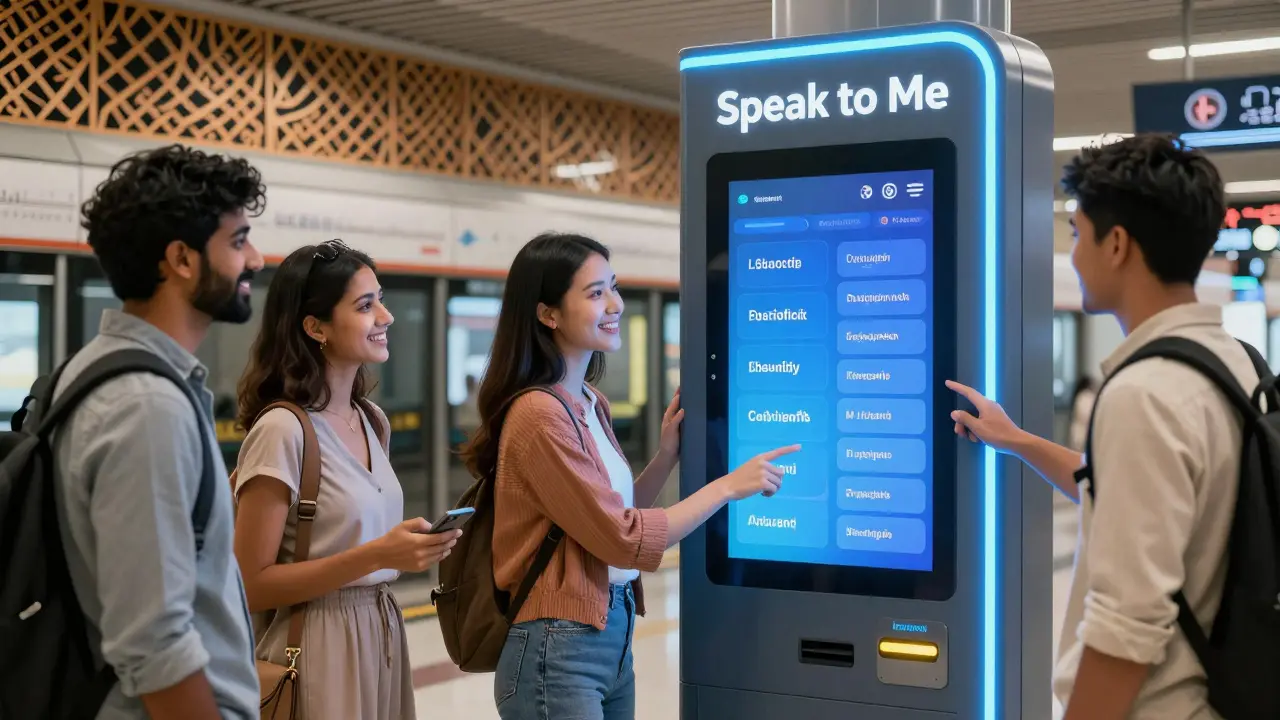 An AI kiosk at a Dubai metro station helping travelers of various nationalities with language translation.