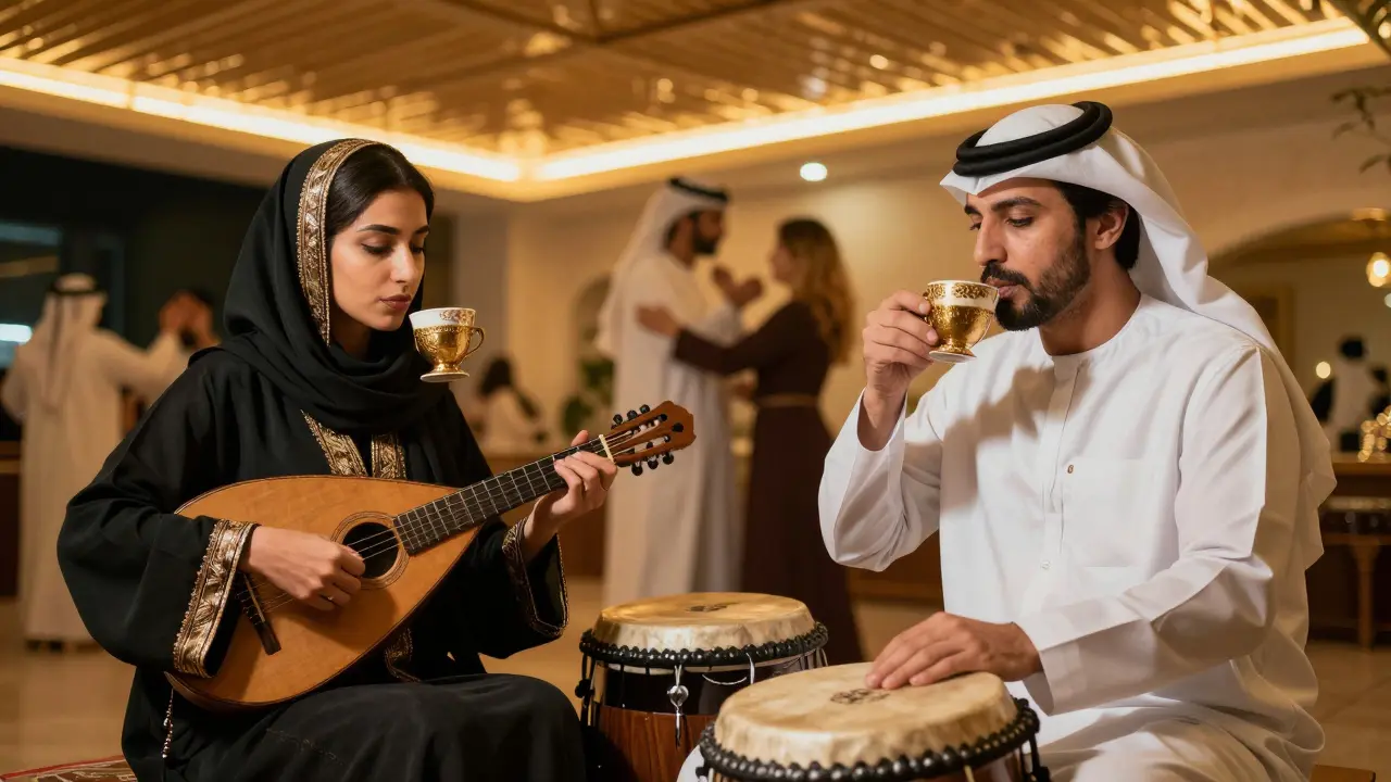 An Emirati woman and a foreign guest sharing traditional coffee at Heritage Night, live oud music in the background.