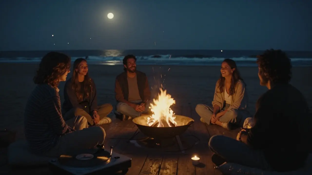 An intimate beachside firepit at night with people sitting close, vinyl record spinning, candlelight and moon glow.