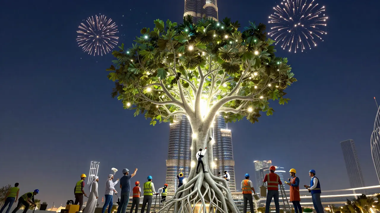 Burj Khalifa as a glowing tree of human collaboration, with diverse workers and light shows above.