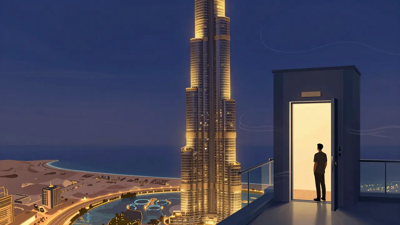 Burj Khalifa at dusk with glowing Y-shaped structure, observation deck view of desert meeting sea, and tiny silhouette of a visitor.