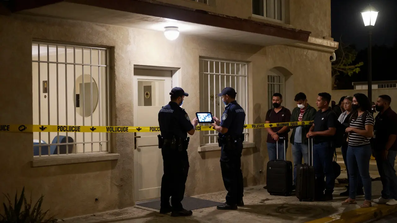 Closed luxury spa with police tape and officers reviewing evidence, foreign workers standing outside under streetlight.