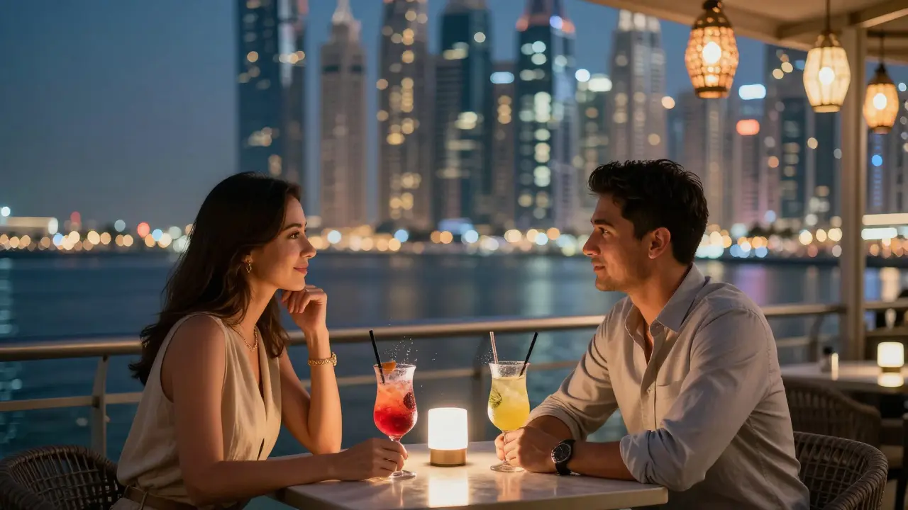 Couple drinking cocktails on a terrace overlooking Dubai Marina at night.