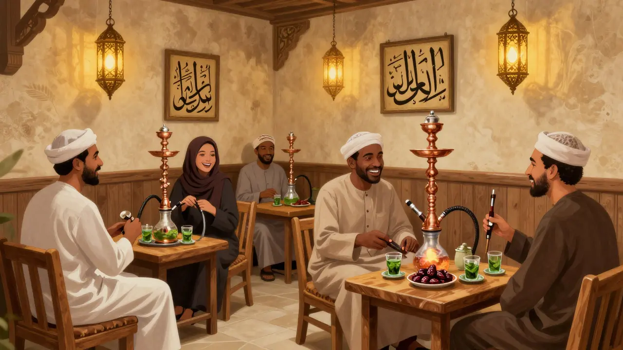 Cozy shisha lounge in Bur Dubai with locals laughing over mint tea and copper hookahs.