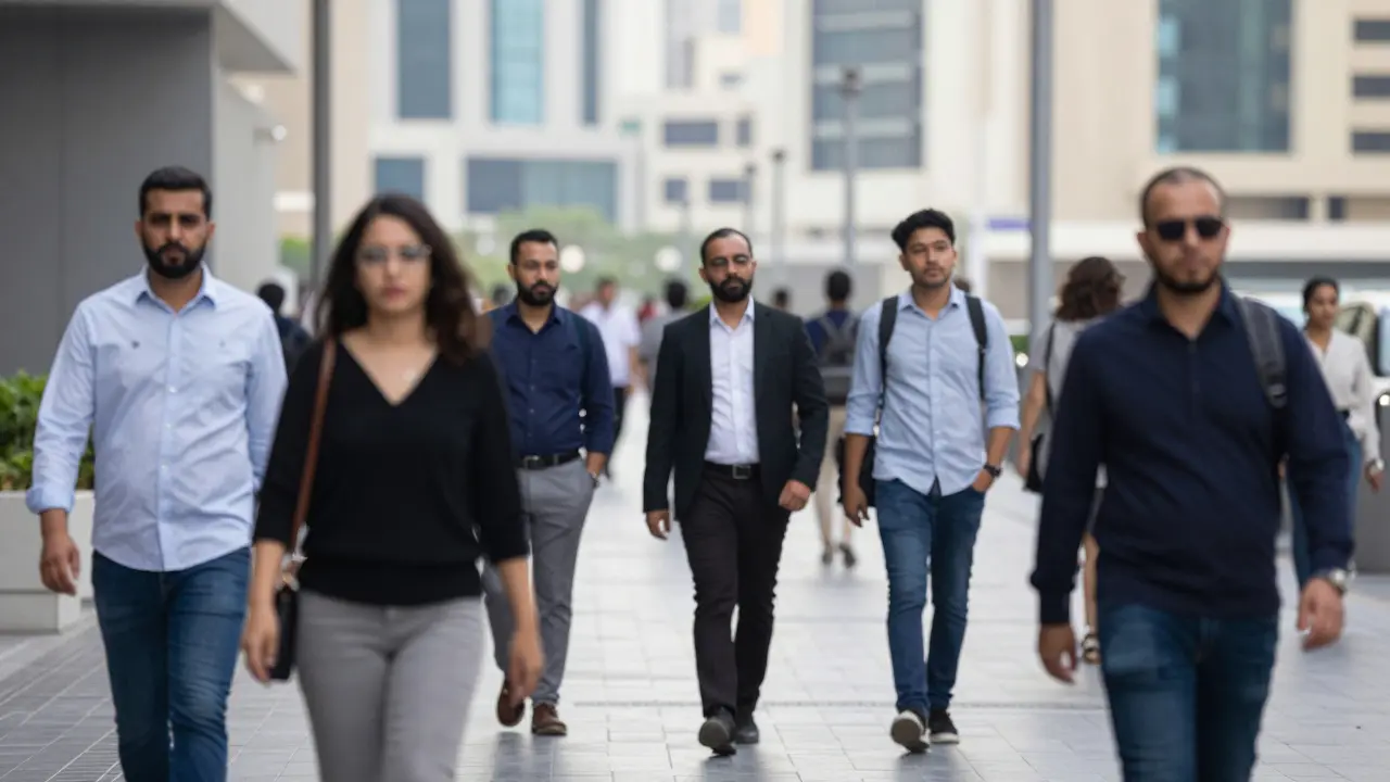 Diverse crowd walking on a Dubai promenade with blurred faces