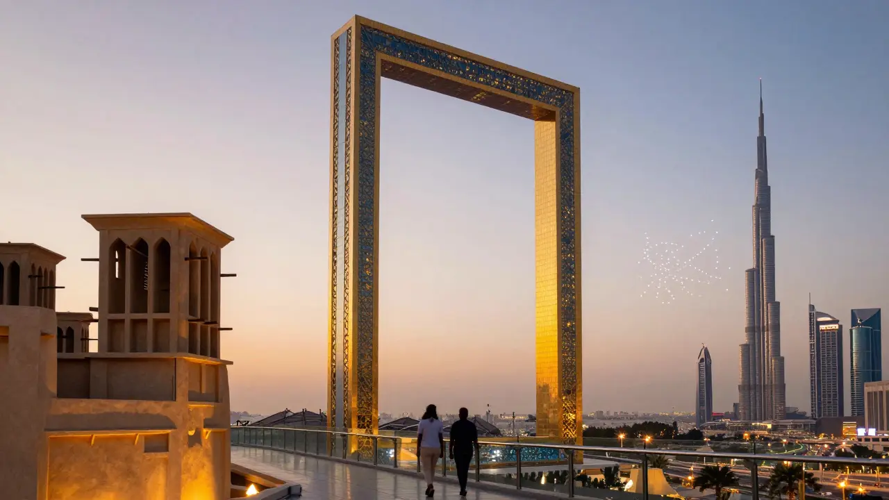 Dubai Frame at sunset, showing traditional and modern cityscapes on either side, with people walking across a glass bridge between them.
