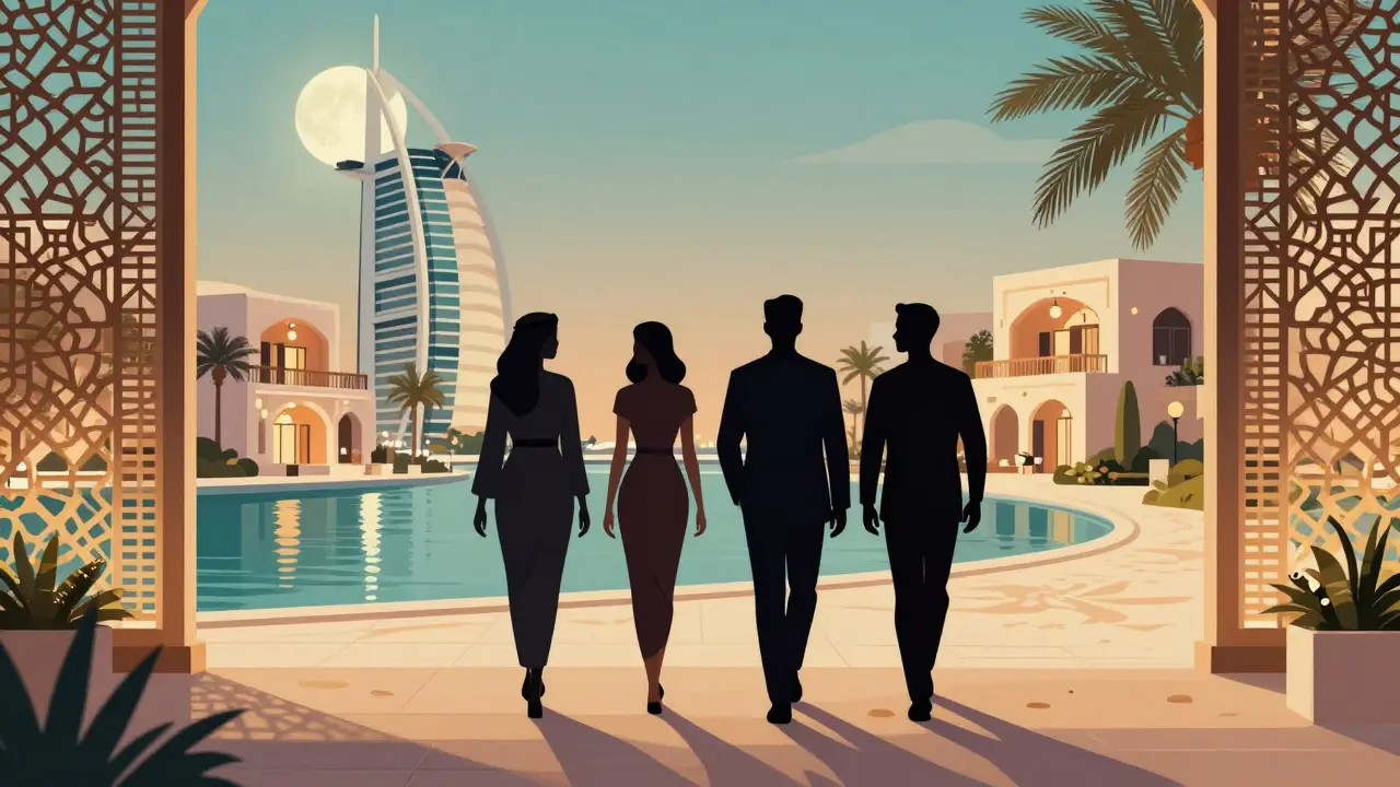 Elegant silhouettes walking through Palm Jumeirah promenade at twilight