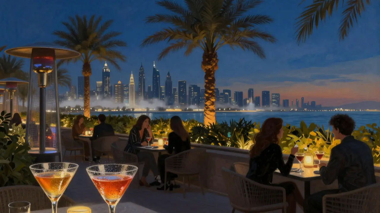 Evening terrace scene overlooking Dubai waterfront skyline