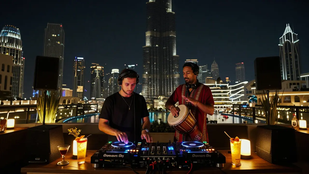 Fusion of traditional Emirati percussion and modern DJ set at Soho Garden, cocktails and Dubai skyline in background under starlit terrace.