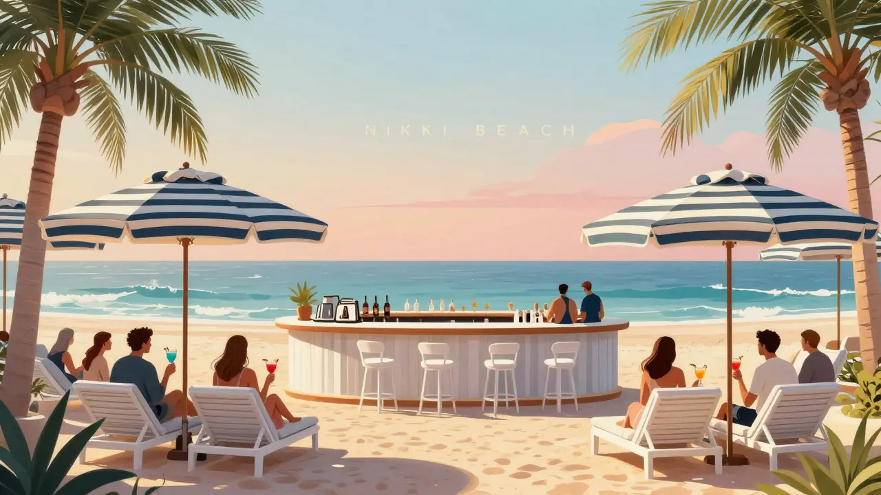 Guests enjoying cocktails at a luxury beach bar, seated at tables with umbrellas, ocean in the distance.