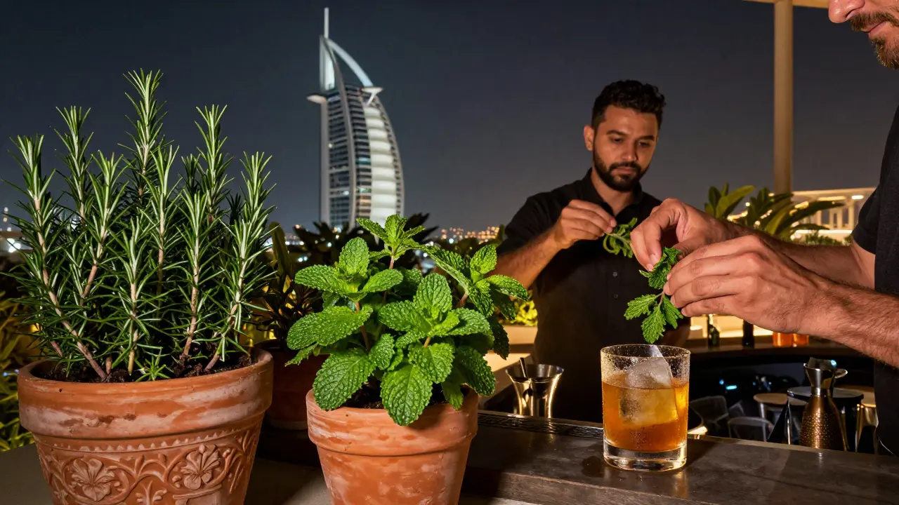 Hidden rooftop garden at Billionaire Dubai with fresh herbs and moonlit views of Palm Jumeirah.