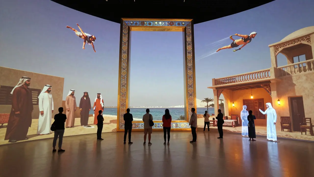 Immersive museum inside the Dubai Frame showing projections of Dubai's transformation through history.