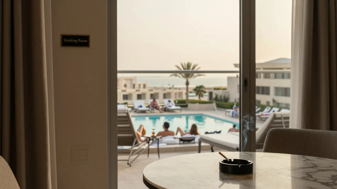Inside a hotel room with a 'Smoking Room' sign, a cigarette smolders in an ashtray while the balcony overlooks a public pool area.